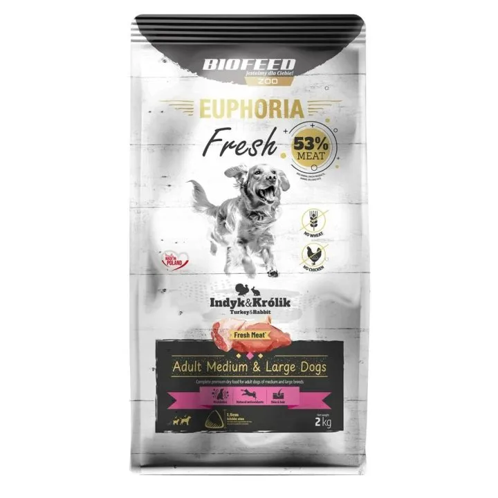 Krmivo Biofeed Euphoria Adult Medium & Large dogs Turkey with rabbit Páv 2 Kg Dospelý 2,3 Kg